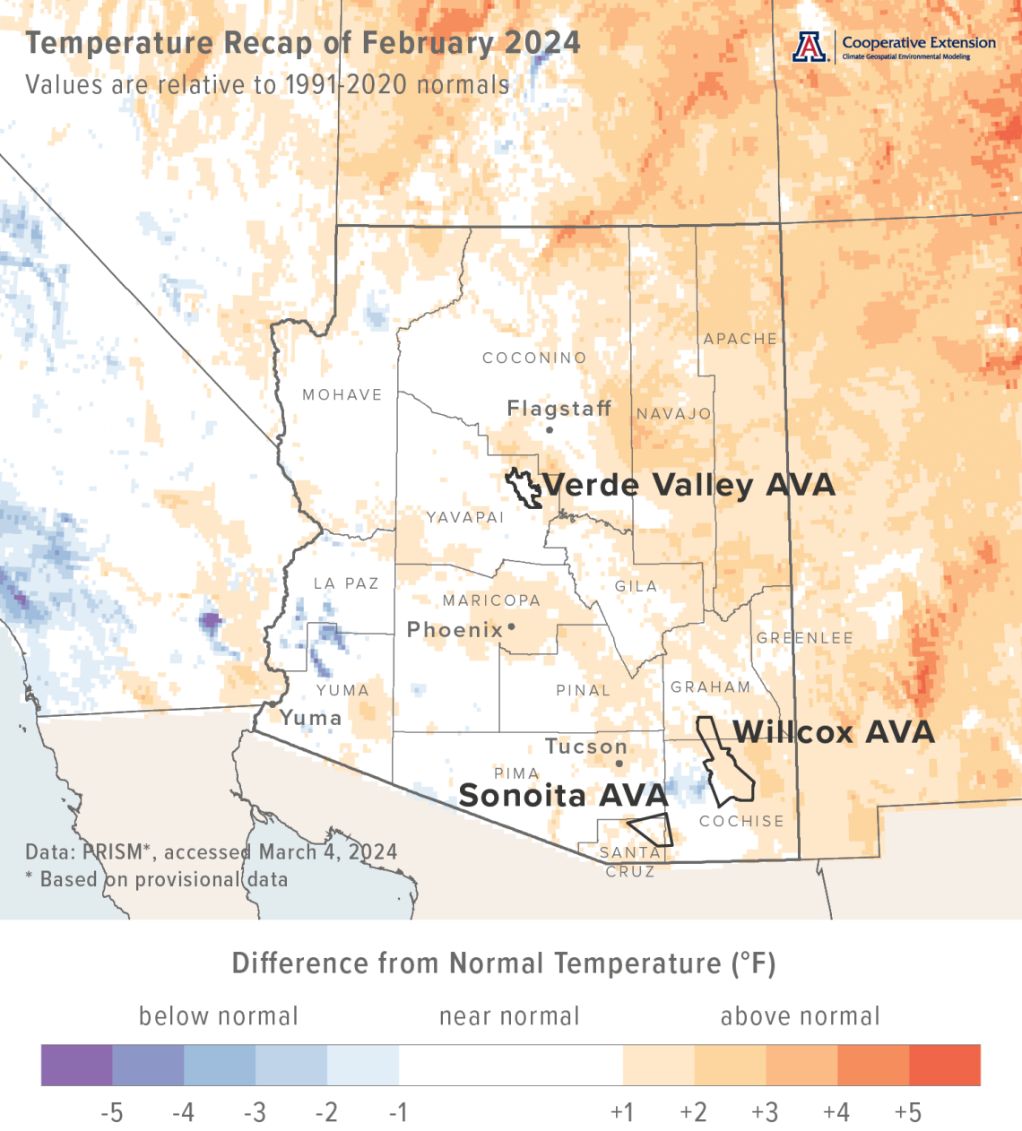 February 2024 temperature map for Arizona