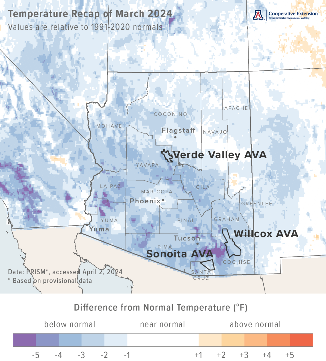 March 2024 temperature map for Arizona