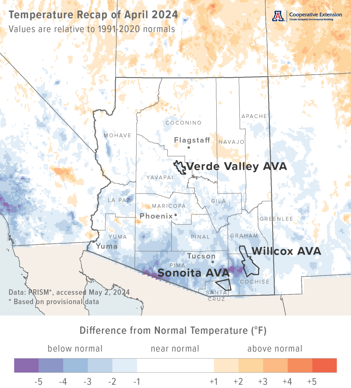 April 2024 temperature map for Arizona