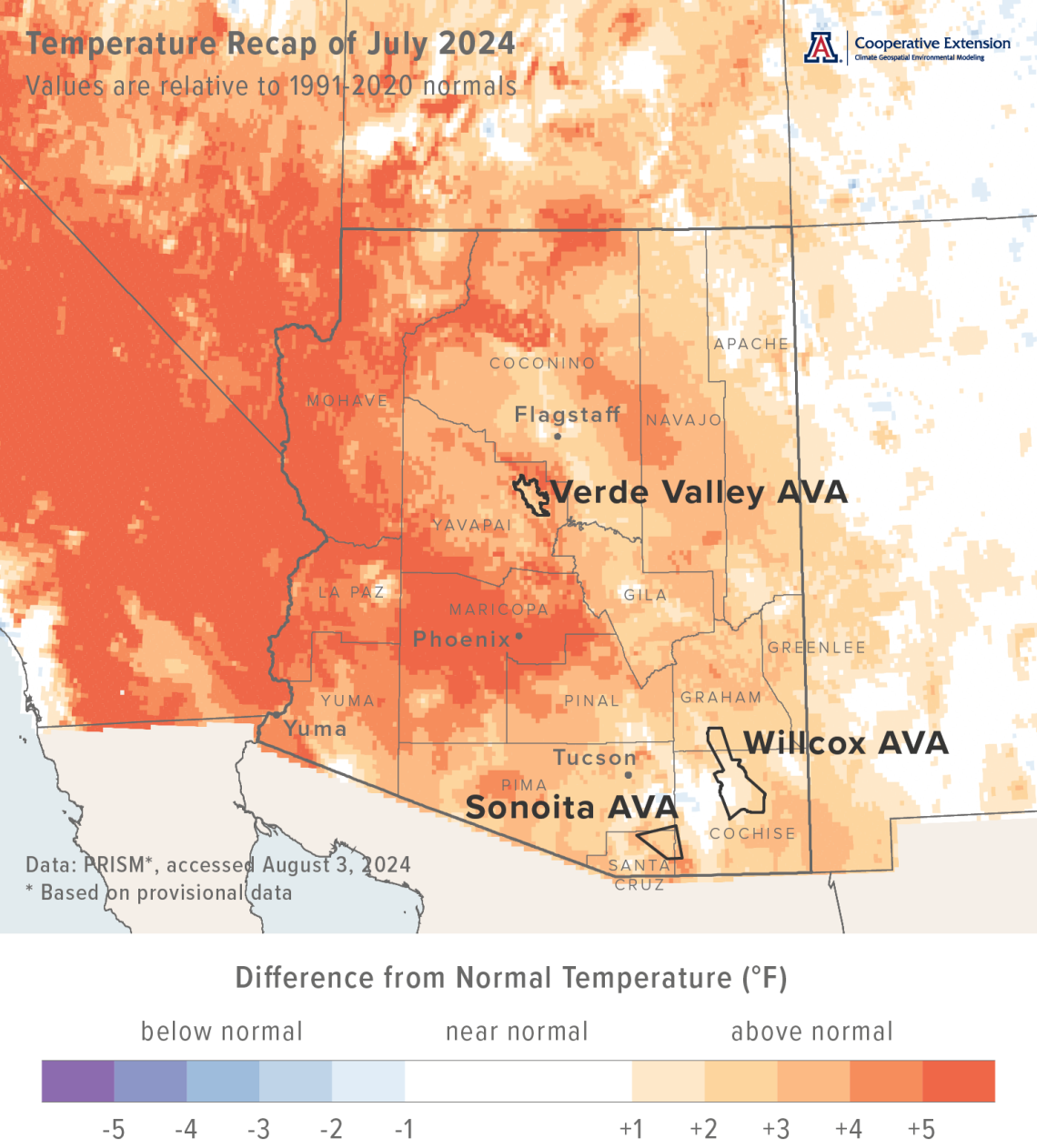 July 2024 temperature map for Arizona