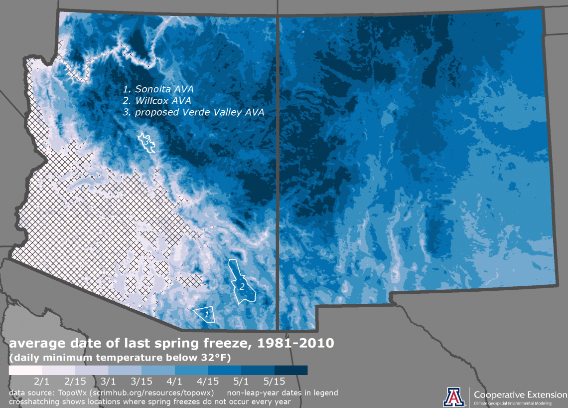map of average last spring freeze date, 1981-2010