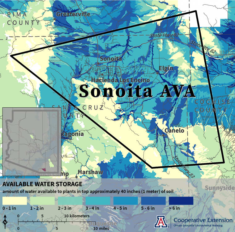 map of available water storage for Sonoita AVA