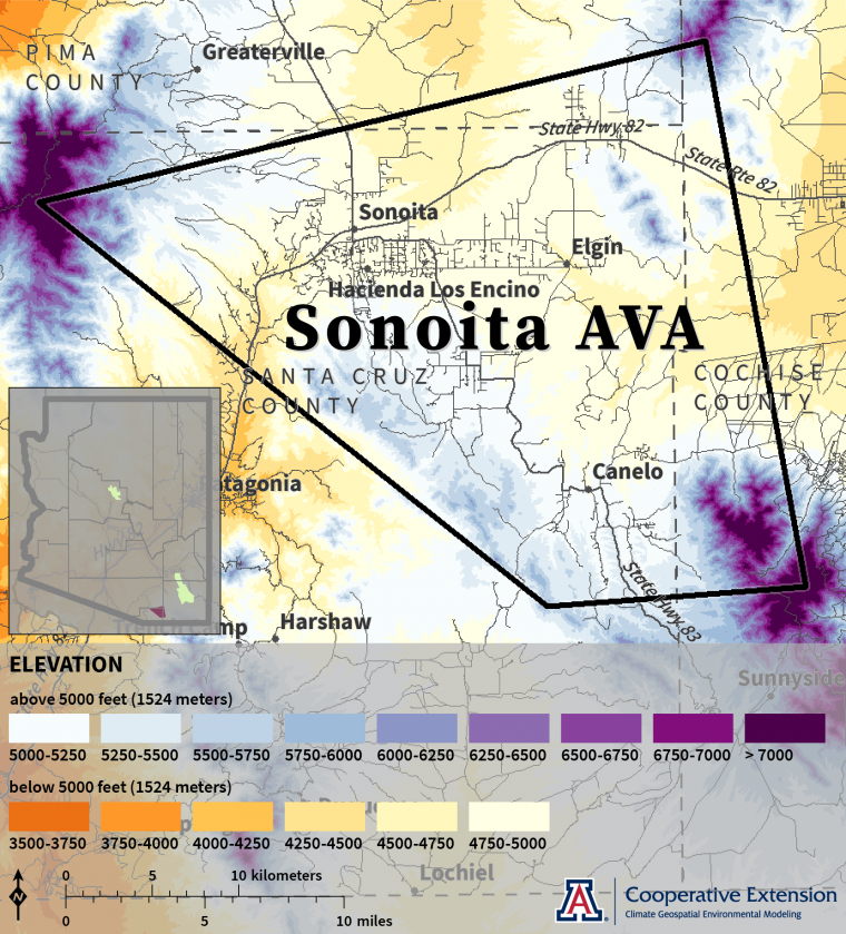 Elevation map for Sonoita AVA