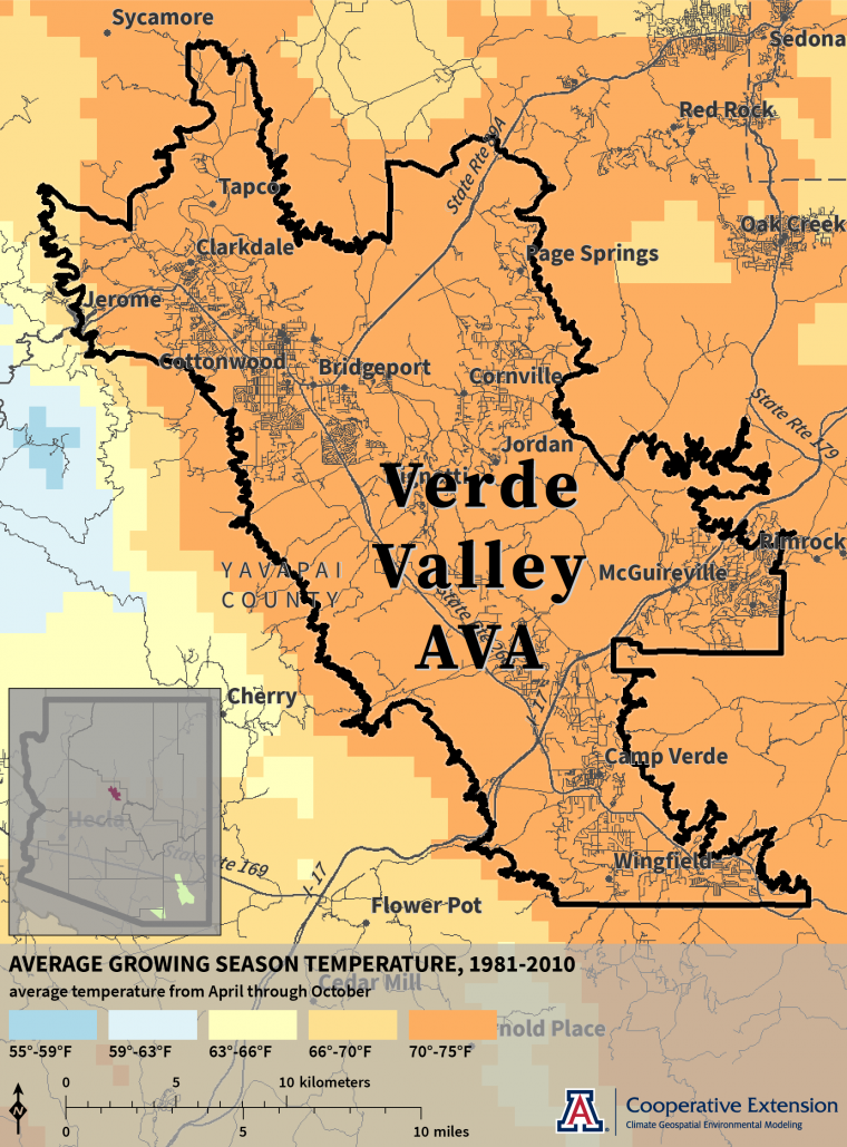 Growing Season Temperature map for Verde Valley AVA