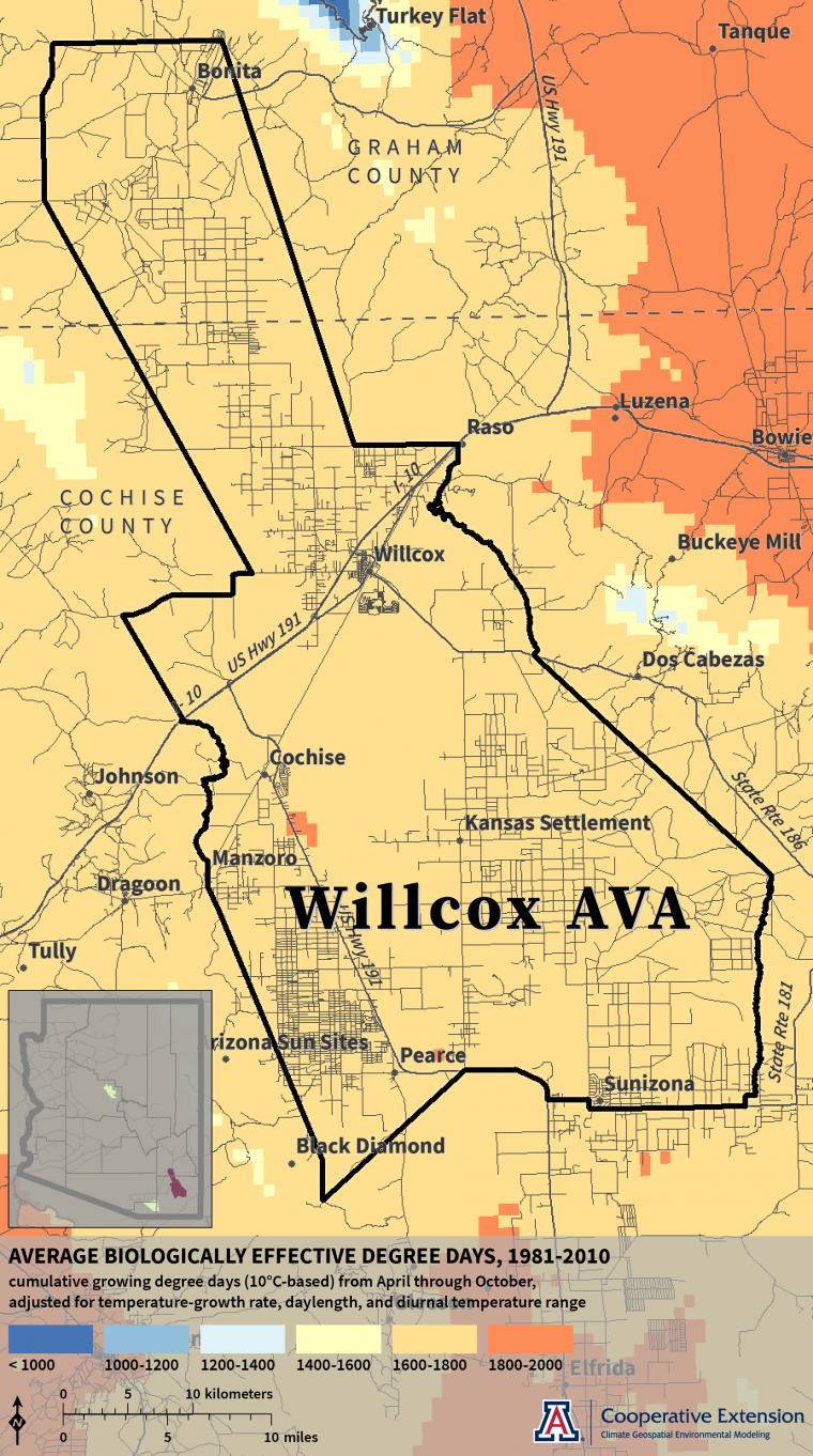 Biologically Effective Degree Days map for Willcox AVA