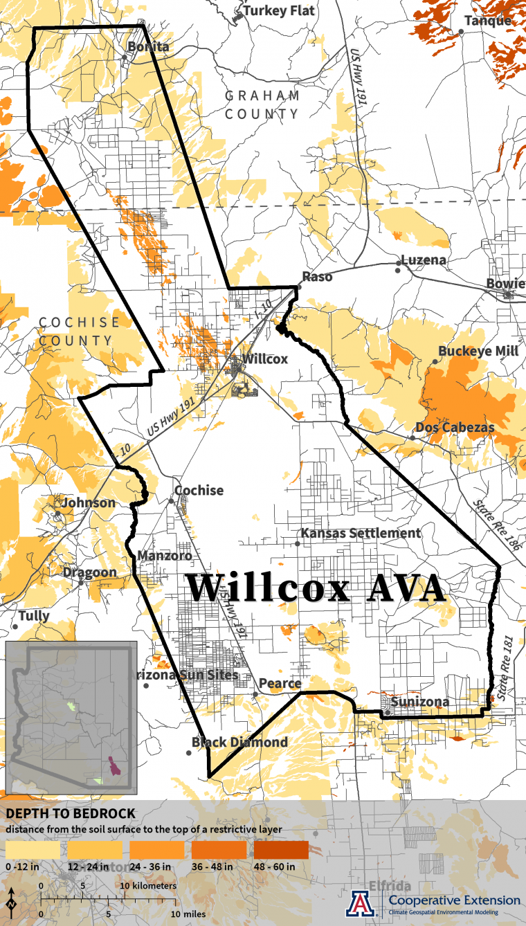 map of depth to bedrock for Willcox AVA