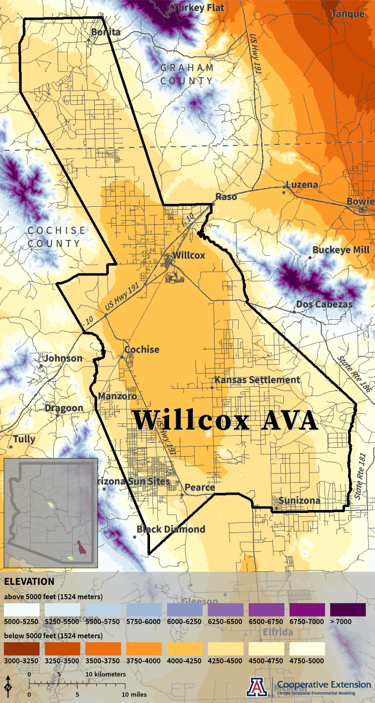Elevation map for Willcox AVA