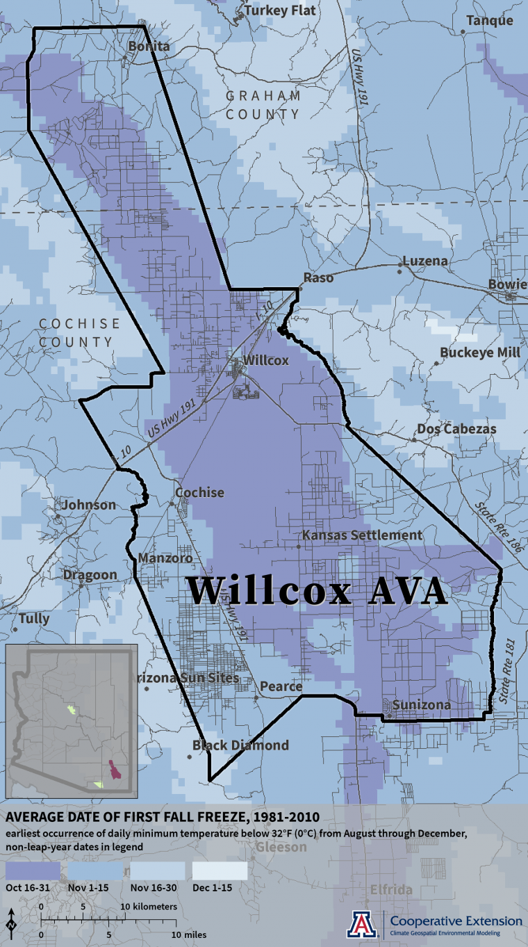 First Fall Freeze map for Willcox AVA