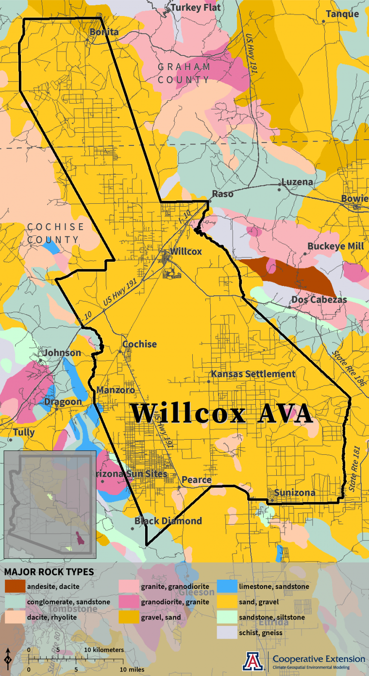 map of major rock types for Willcox AVA