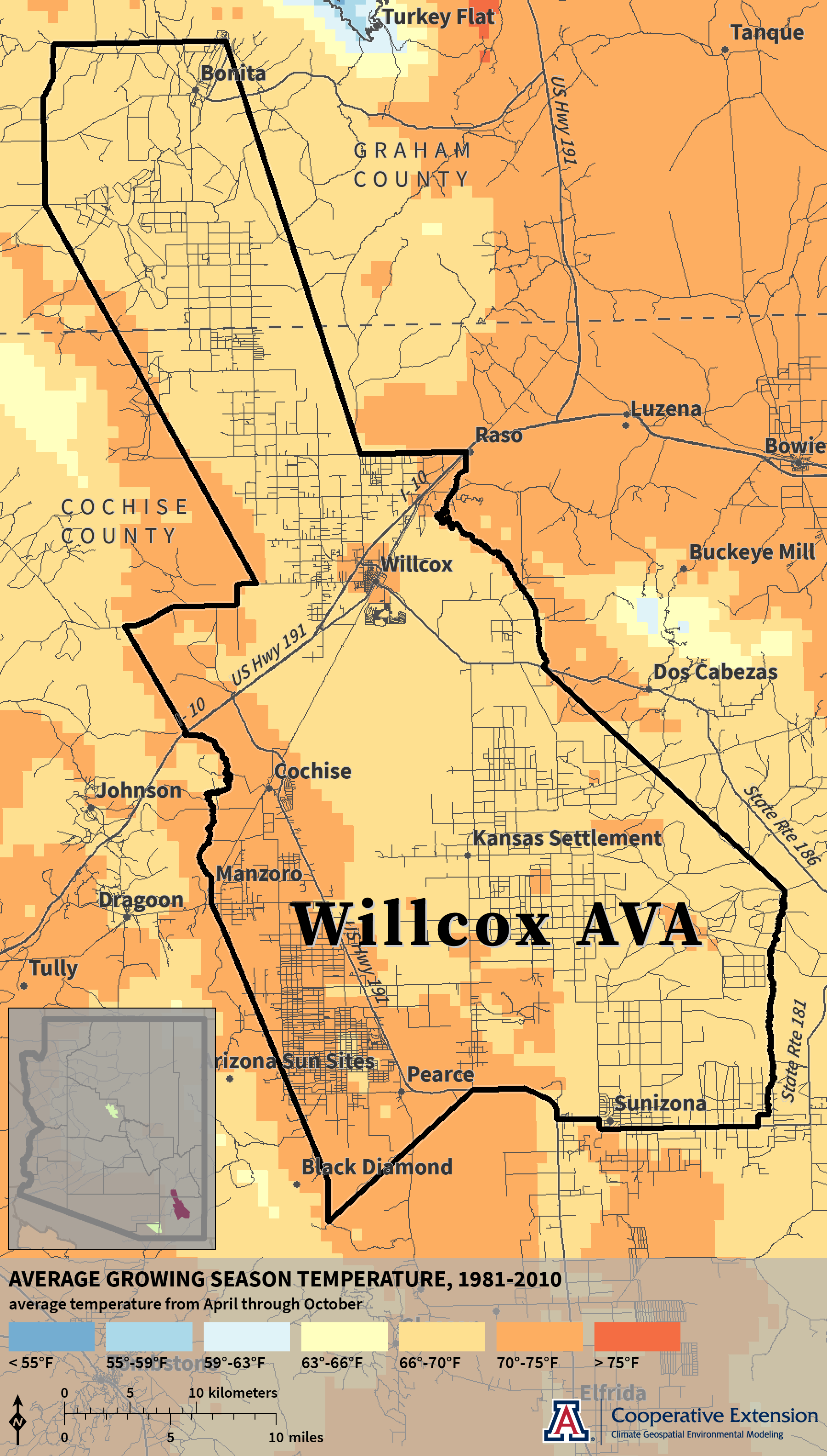 Growing Season Temperature map for Willcox AVA