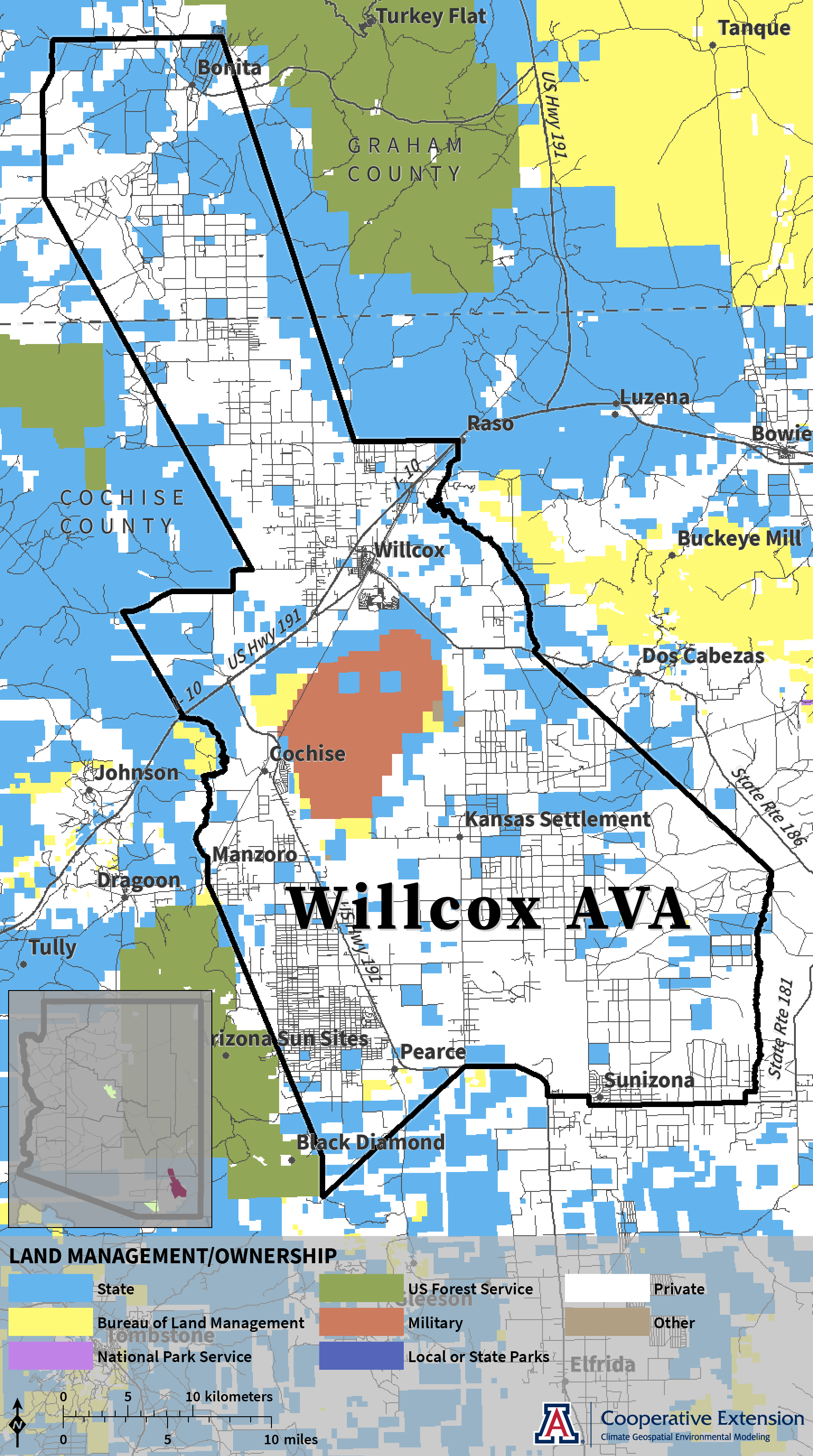 map of land management/ownership in Willcox AVA