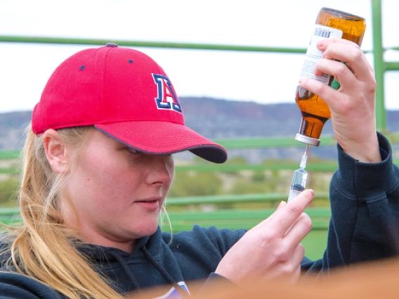 student preparing medicine for an animal