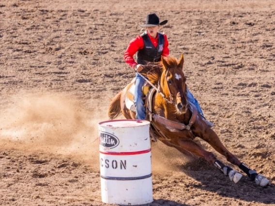 Man on running horse making a swift turn around a barrel