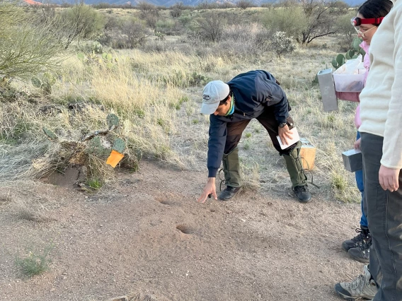 Students examining the holes in the Earth.