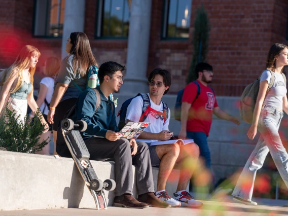 Students talking outside.