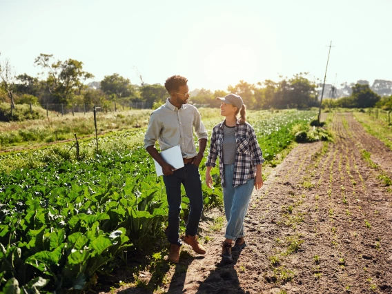 Two people walking near a field and one is holding a clipboard.