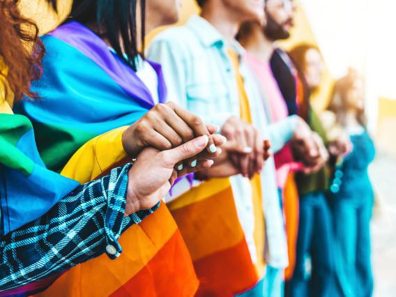 Picture of people holding hands wearing a rainbow flag