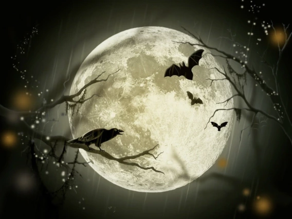 Picture of moon with bats in flying in front