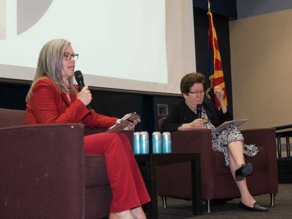 Arizona Governor Katie Hobbs (left) and WRRC Director Sharon Megdal at the center's annual conference.