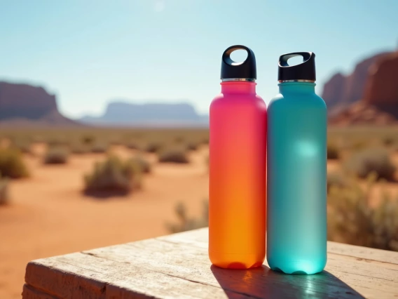 Two stainless steel water bottles on a table in a desert scene