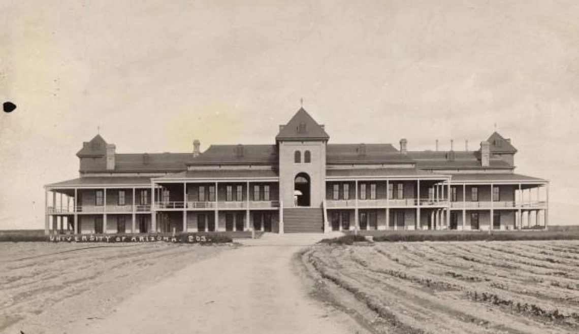 black and white photo of UArizona Old Main 