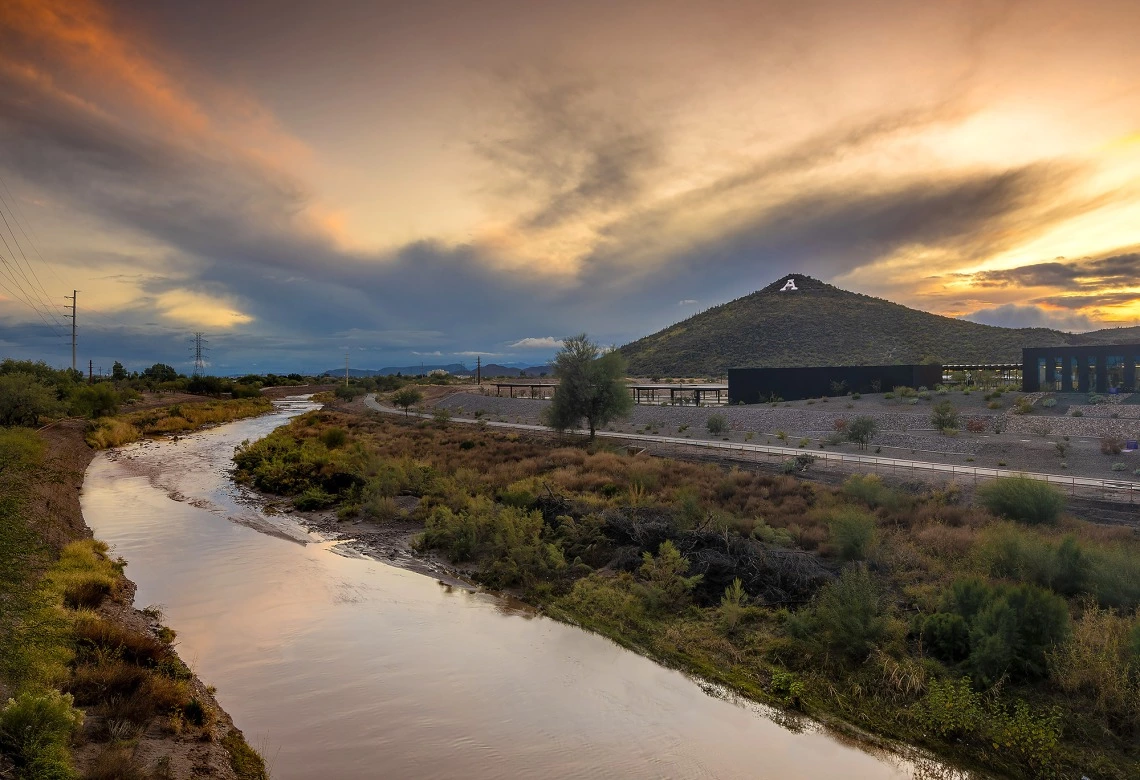 A Mountain and the historic reach of the Santa Cruz River in downtown Tucson