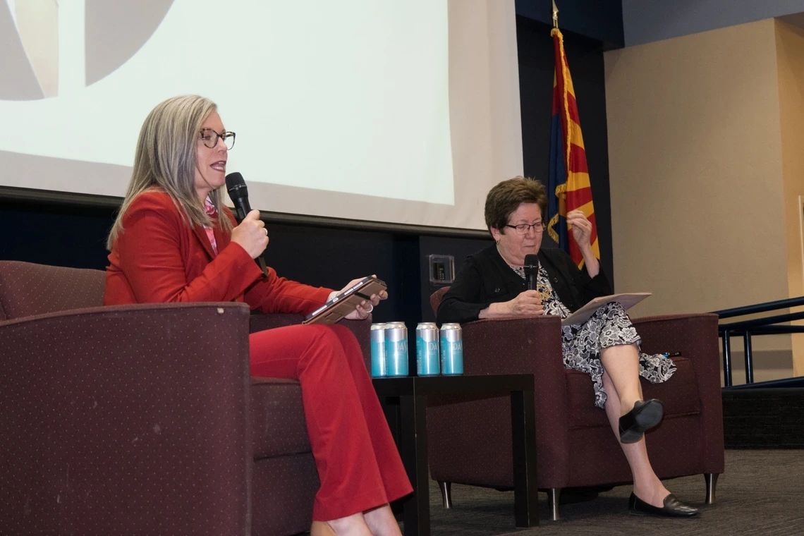 Arizona Governor Katie Hobbs (left) and WRRC Director Sharon Megdal at the center's annual conference.