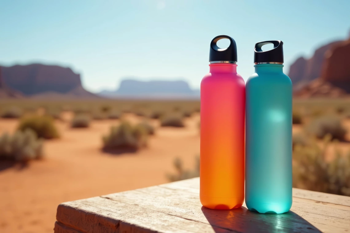 Two stainless steel water bottles on a table in a desert scene