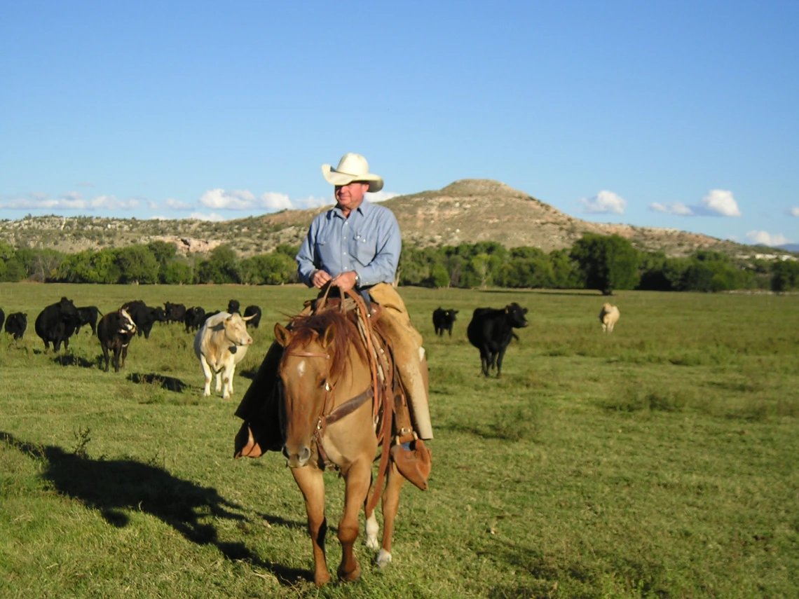 Andy Groseta wearing a cowboy hat and on horse back in a green grassland.