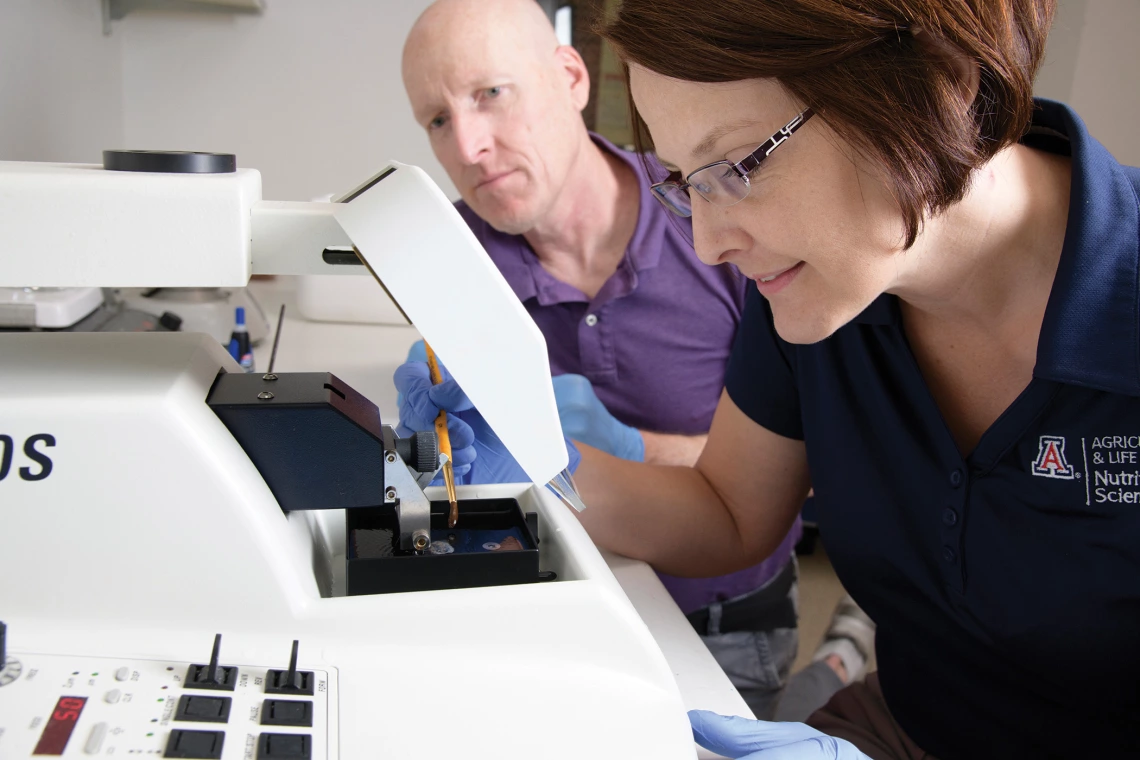 Researchers look at a slide under microscope